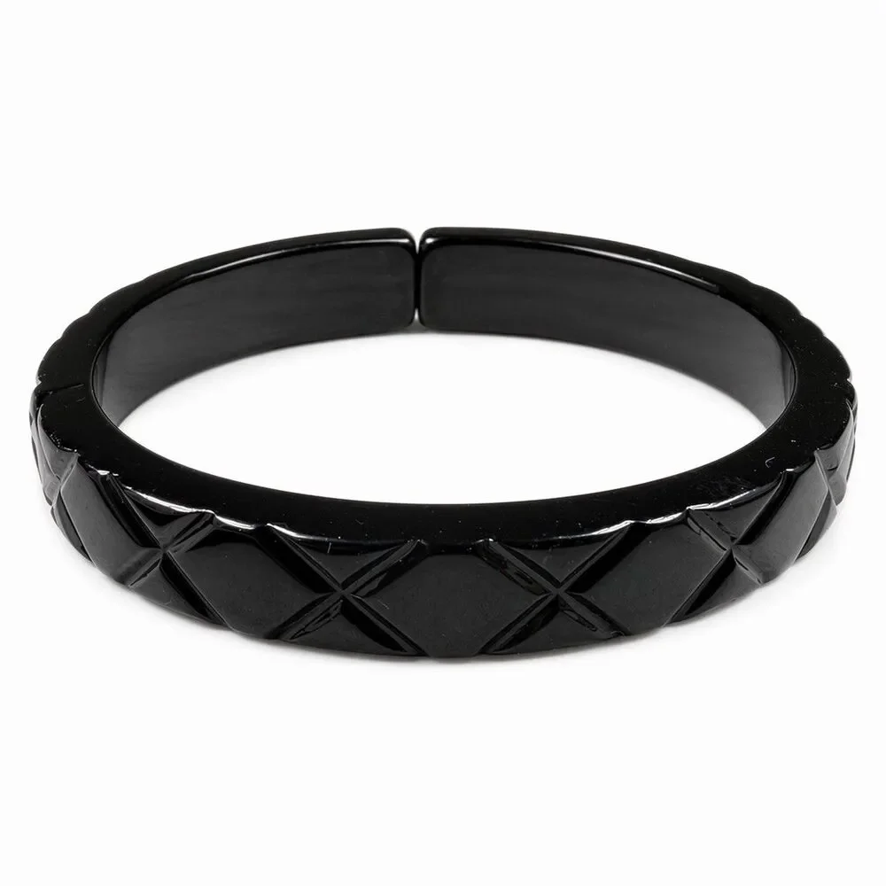 Vintage 1980s Black Acrylic Bangle Bracelet Raised Geometric Diamond Statement